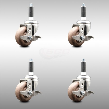 Service Caster 3.5 Inch 316SS High Temp Glass Filled Nylon 7/8 Inch Stem Caster Set Brake SCC SCC-SS316EX20S3514-GFNSHT-TLB-78-4